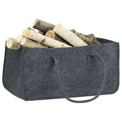 Relaxdays Kaminholztasche aus Filz, tragbarer Feuerholzkorb, faltbarer Zeitungshalter HxBxT: 25 x 25 x 50 cm, anthrazit (1/5)