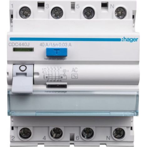 Hager – Interrupteur différentiel 3P+N 40A 30mA – Protection contre les chocs électriques – Tension 230V – Connexion à vis – Installation en tableau électrique
