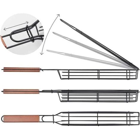 Lot de 4 paniers de barbecue avec grille verrouillable à long manche en bois - Antiadhésifs - En acier inoxydable - Pour barbecue, poissons, légumes, saucisses, oignons (1/4)