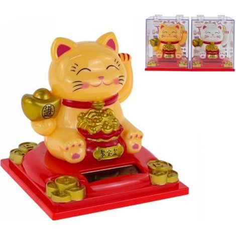 TRADE SHOP - Gatto Portafortuna Maneki Neko Solare Con Lingotti D'oro Sacco Denaro 8x8x9cm 73774 - (1/2)
