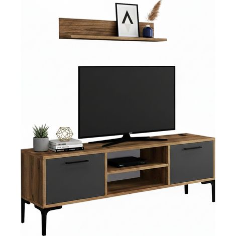 Dmora - Mobile porta TV Tureis, Credenza da soggiorno, Armadio basso per TV, Base parete attrezzata, 140x30h48 cm, Noce e Antracite, con imballo rinforzato, con imballo rinforzato