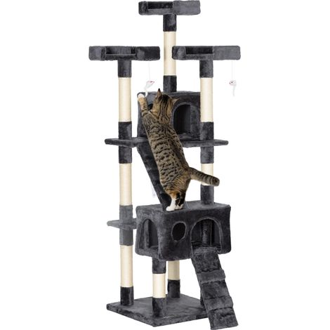 Katzenkratzbaum mit 3 Liegeflächen, 2 Häuschen und Hängespielzeug, aus Holz und Plüsch, 49 x 49 x 173 cm, Grau
