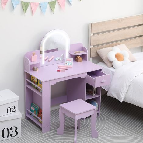 Coiffeuse enfant avec miroir LED réglable – Tiroir, étagères ouvertes et bibliothèque – Table princesse avec chaise pour fille 3-9 ans – Chambre ou salle de jeux – Violet avec accessoires (1/5)