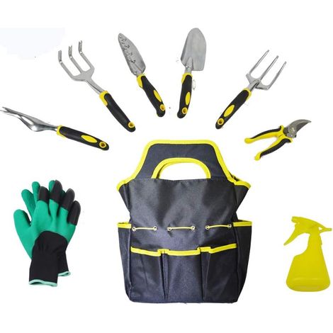 Garden Tools Set - 9 Pieces Heavy Duty Gardening Tools with Graft, Cultivator, Garden Trowel, Hand Weeder, Pruner, Glove Storage Organizer, Scoop WT02 Gold (1/5)