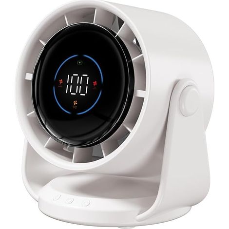 Ventilateur sur batterie 5000 mAh, affichage LED, 199 vitesses, tête inclinable 105°, blanc crème, portable (1/5)