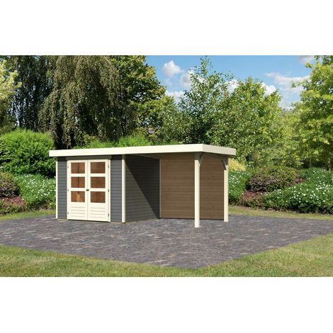 Karibu Gartenhaus Askola (optional mit Anbaudach und Rückwand Gartenhaus aus Holz in Grau, Holzhaus mit 19 mm Wandstärke inklusive Schleppdach, Blockbohlenhaus mit Montagematerial Grau