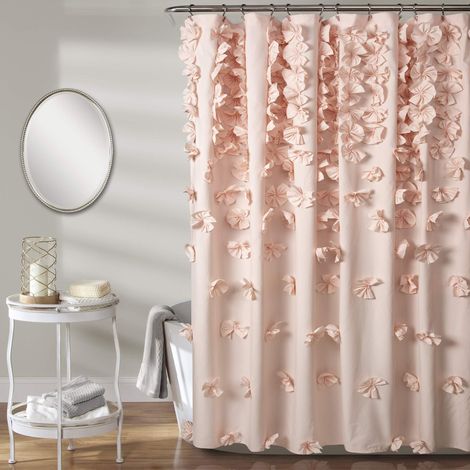 Rideau de Douche en Tissu texturé avec nœud Papillon Style Vintage Chic Décoration de Salle de Bain Style Rustique Rose poudré (1/5)