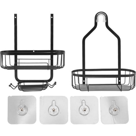 Panier mural de salle de bain, 2 niveaux, sans perçage, noir, étagères métalliques pour accessoires de toilette (1/5)
