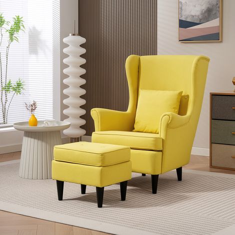 Sillón reclinable con reposapiés tipo puf, cojín y respaldo alto, sillón acolchado para dormitorio con patas y reposabrazos de madera para sala de estar y salón, 75x83x104 cm, amarillo (1/5)