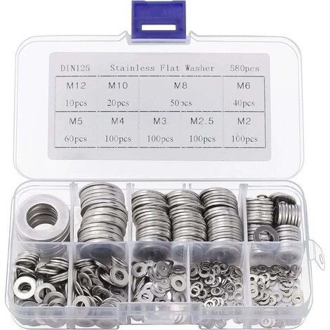 Rondelle in acciaio inossidabile FOREHILL con scatola di immagazzinaggio (confezione da 580) - Assortimento di 9 misure M2, M2,5, M3, M4, M5, M6, M8, M10 e M12 - Confezione di rondelle in metallo - Ri