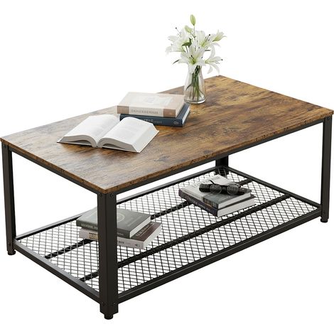 Relaxdays coffee table, industrial style, HxWxD: 45 x 106 x 60 cm, wood effect, mesh shelf, brown/black (1/5)