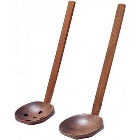 Set de 2 Ustensiles en Bois, Louche et Écumoire, Manche Long, 21,5 x 7,5 cm, Cuisine Maison Restaurant (1/5)