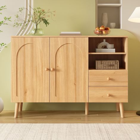 Buffet bas de rangement 118x35x82 cm pour salon et salle à manger - commode scandinave avec 2 portes voûtées 2 tiroirs et niches en bois de mdf - naturel (1/5)