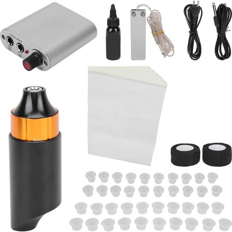 Kit de machine à tatouer stylo orange, alimentation DC 90-265V USA, cordon clip, pédale, liner et shader rotatif, ensemble complet. (1/5)