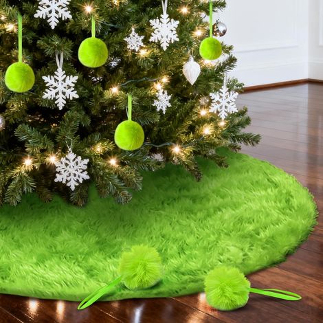Jupe sapin Noël peluche 90 cm verte, lot 12 boules vertes, tapis rond ornement hiver (1/4)