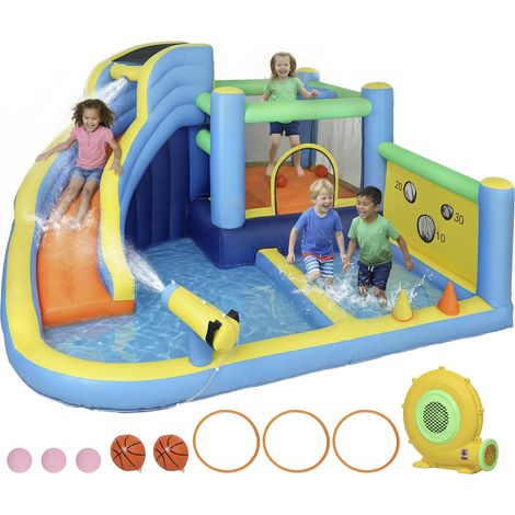 Château gonflable, souffleur 8 en 1. parc aquatique. toboggan. trampoline. piscine à balles. oxford. multicolore