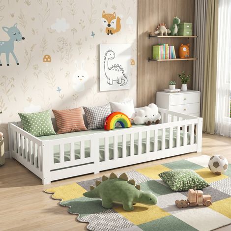 Lit Montessori 90 x 200 cm, Lit Enfant avec barrière de sécurité et sommier à lattes, Lit au sol en Bois de Pin Blanc