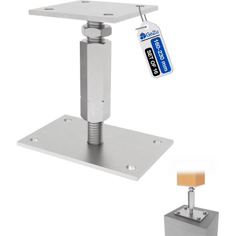 Lot de 16 Pied de poteau carré réglable galvanoplastie 80 x 80 mm – hauteur ajustable 180 à 230 mm avec platine bois pour clôtures – GeZu Impex