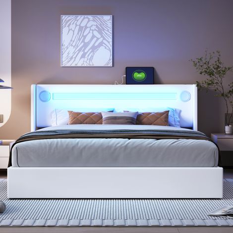 Lit double - Coffre hydraulique, LED, Rangement - 160x200 cm - Bluetooth - PU cuir, PU - Blanc (1/5)