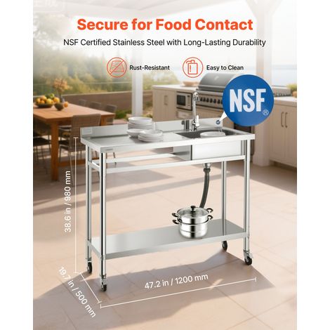 Évier cuisine utilitaire en acier inoxydable, évier professionnel à cuve unique sur roulettes avec robinet, tuyau d'eau chaude et f… (1/5)