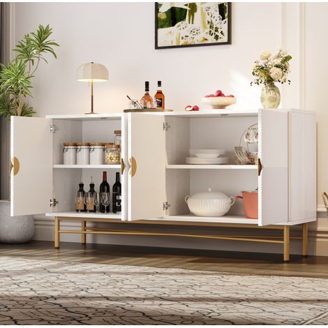 Aparador de MDF y aglomerado blanco 160x40x82 cm, 4 puertas, tiradores integrados dorados (1/5)