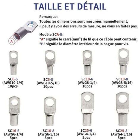 NALOOKAMIC  60 Pcs Cosses Électrique Trou boulon en Cuivre Étamé Connecteurs SC à sertir/souder pour câble de 6m㎡ 8m㎡ 10m㎡ 16m㎡ 25m㎡