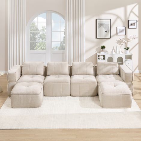Modulares U-Sofa 4-Sitzer mit 2 Poufs, 32D-Schaum, Polyester Beige HAVRYA (1/5)