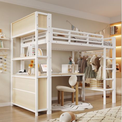 Letto a soppalco 90 x 200 cm con scrivania, armadio e vani contenitori, bianco DESVIAE (1/5)