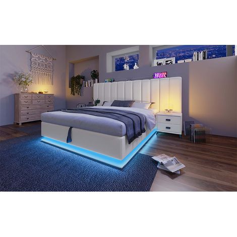 Lit rembourré 160×200, lit double coffre avec contrôle via application, LED et charge USB-C, cadre de lit avec sommier à lattes, PU, blanc, avec matelas, sans table de chevet (1/5)