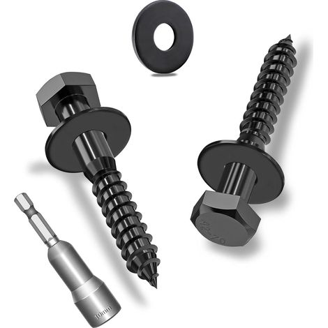 Lot de 15 vis à bois hexagonales M6 x 35 mm avec rondelles, vis hexagonales noires en acier inoxydable A2V2-DIN571, vis à clé avec rondelles et clé à douille (1/5)