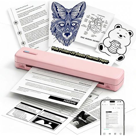 Imprimante thermique portable A4 sans encre (rose, 20 feuilles), chargement USB Bluetooth sans fil, compatible iOS, Android, Windows et Mac, idéale pour les voyages, le bureau et la maison. Étiquettes (1/5)