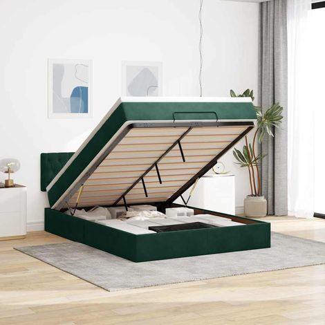 Estructura cama otomana colchón terciopelo verde oscuro (1/5)
