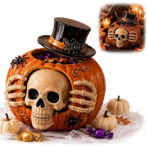 Bocal bonbons résine gothique forme citrouille‑crâne Halloween, rangement friandises déco table‑cheminée (1/5)