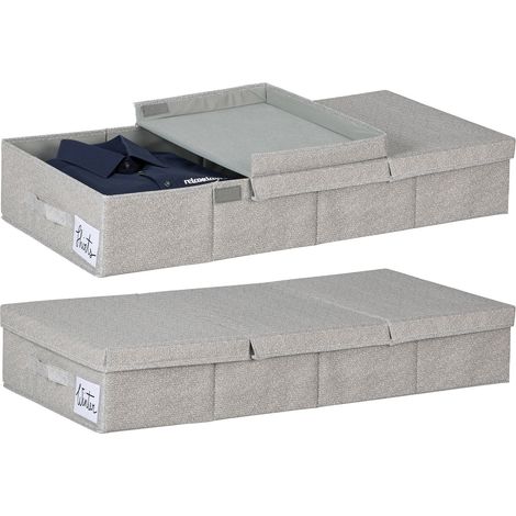 Relaxdays Underbed Storage Boxes, Set of 2, 50 L, with Lid, HxWxD: 15x80x40 cm, Foldable, Flat, PP, Cardboard, Grey