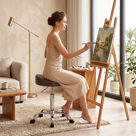 Tabouret à roulettes, tabouret de salon avec hauteur réglable 51-66 cm et assise rembourrée, pivotant 360°, marron (1/5)