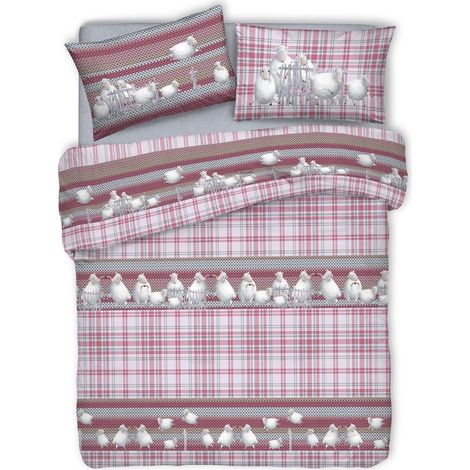 Copripiumino e federe Made in italy stampa tartan fantasia pecorelle 100% cotone Singolo - Rosa (1/2)