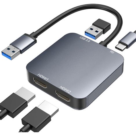 Adaptateur USB 3.0 vers double HDMI avec port USB 3.0, câble convertisseur audio/vidéo/graphique HDMI vers USB pour ordinateur portable, moniteur, compatible avec Mac OS et Windows. (1/5)
