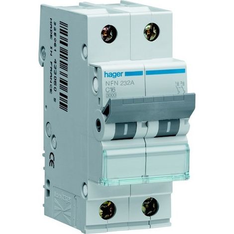 Disjoncteur 2 Pôles 6-10kA courbe C 32A 2 modules HAGER NFN232 (1/5)