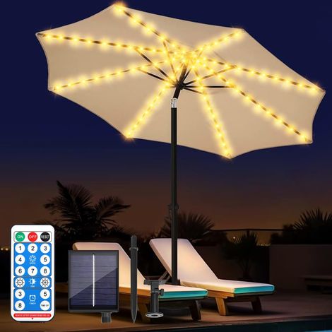Lumières solaires pour parasol, 104 LED, 8 modes, éclairage solaire avec télécommande, lumières LED décoratives extérieures et intérieures (1/5)