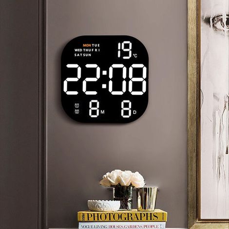 Elektronische Wanduhr LCD090 [Großes multifunktionales LED-Display] Digitaluhr mit 5V-USB-Steuerung, Temperaturanzeige, Monatsanzeige, Hintergrundbeleuchtung, orange, 22,7 x 22,7 x 3 cm für Büro/Wohnz