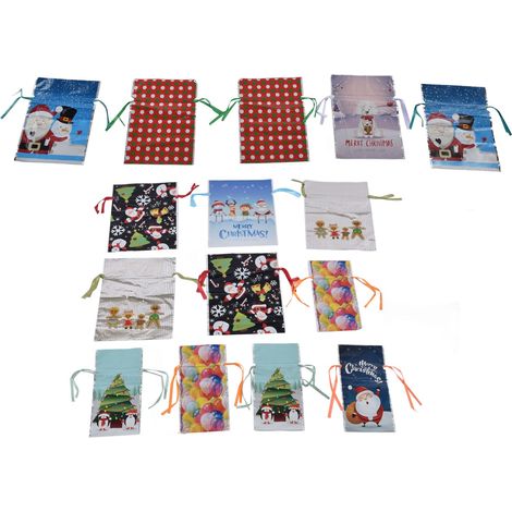 Lot de 15 sacs cadeaux de Noël à cordon, pochettes d'emballage à cordon, sacs à dragées pour les fêtes de Noël (1/5)