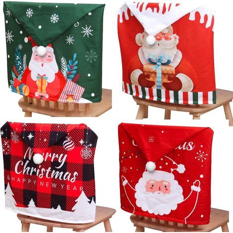 lot De 4 Housse De Chaise Nol, Decoration Chaise Nol Extensible Rouge, Dossier Chaise Nol Lavable, Protection Chaise Universelle Avec Motif Pre No (1/5)