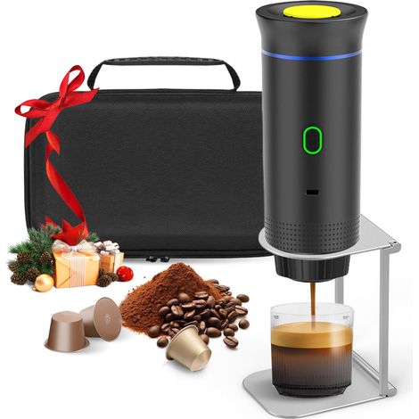 Machine à Café Portable, 3 en 1 Cafetière Expresso avec Support et Sac, Batterie Rechargeable 7500mAh, Compatible Capsules et Café Moulu, Pour Voyage, Camping, Voiture, Bureau (Noir) (1/5)
