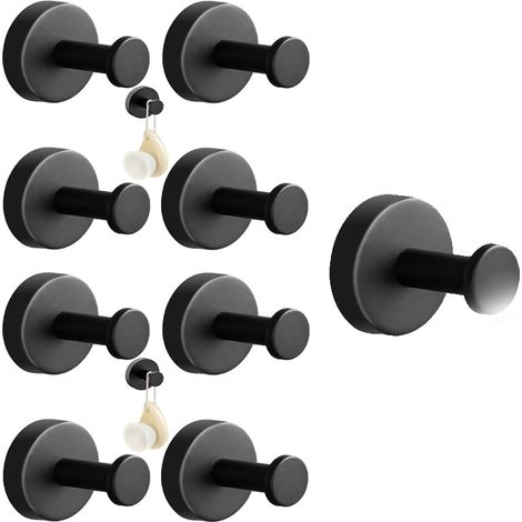 Lot de 9 crochets muraux noirs mat, acier inoxydable, pour serviettes et manteaux – Salle de bain (1/5)