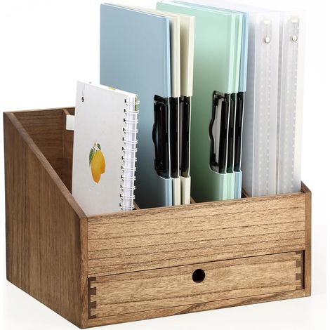 Organisateur de Bureau en Bois avec 4 Compartiments et Tiroir – Porte-lettres, Range-documents et Porte-dossiers pour Bureau, Maison et École Couleur brun (1/5)