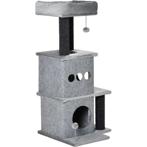 Arbre à chats design avec niches plateformes lit jeu boules feutres amovibles lavables panneaux particules peluche courte 48x48x100 cm gris