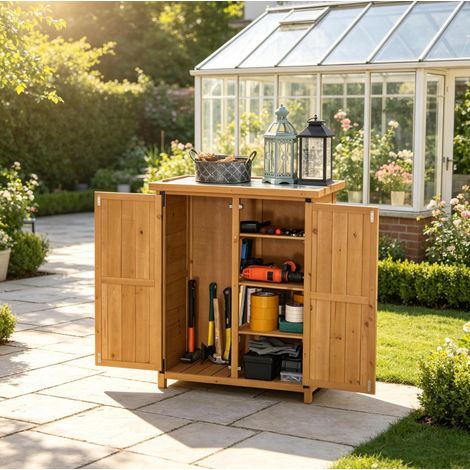 Armoire de jardin en bois de sapin jaune, 2 portes, 3 étagères, 75 x 40 x 90 cm, OKWISH (1/5)