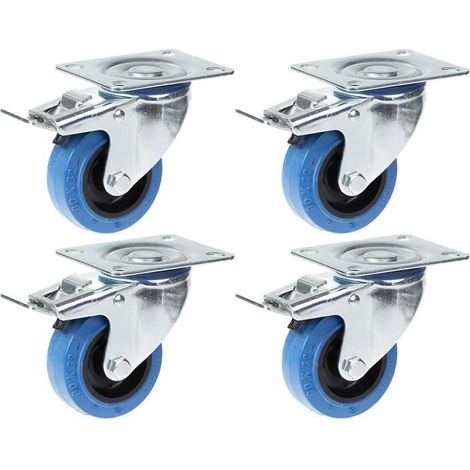 Ruedas giratorias - 80 mm - Caucho azul - Conjunto de 4 - Freno incluido