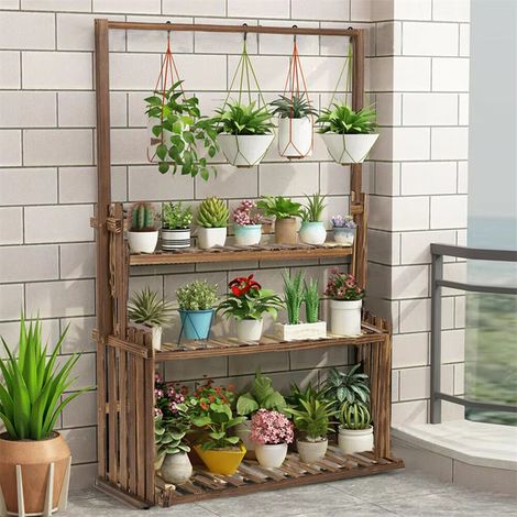 Support mural suspendu pour plantes – étagère en bois à étages – décoration intérieure et extérieure (1/5)
