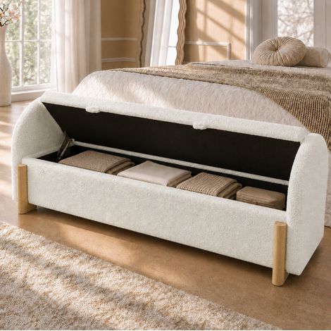 Panca contenitore letto sollevabile 166 cm bianca in ciniglia bouclé, gambe in legno, 150 kg (1/5)